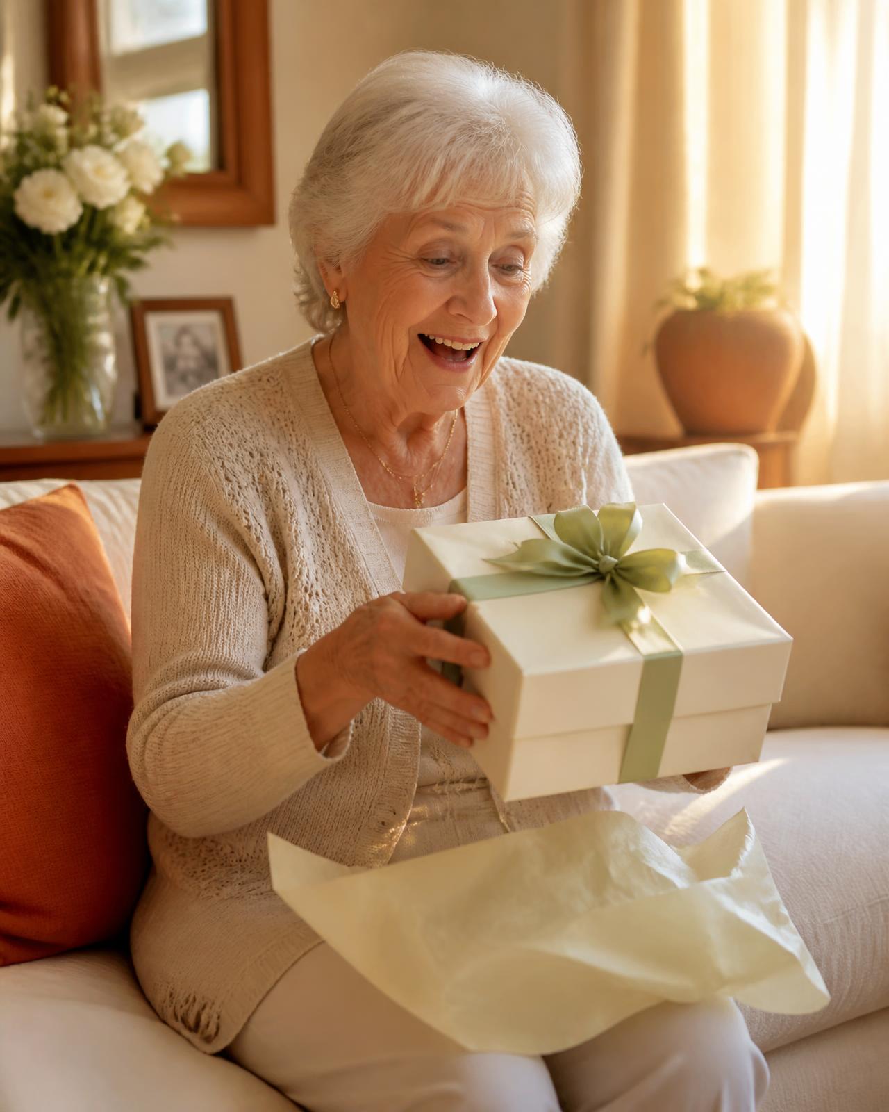 A smiling grandmother opening a wrapped gift box with a sage green ribbon in her living room